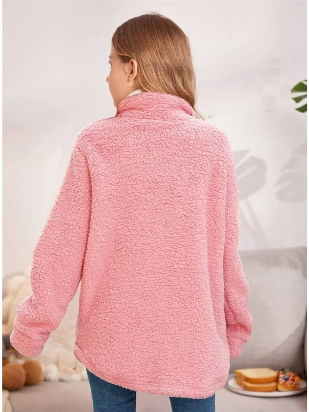 Kids Girl's Pink Polyester Casual Button Down Sherpa Faux Fur Fleece Jacket
